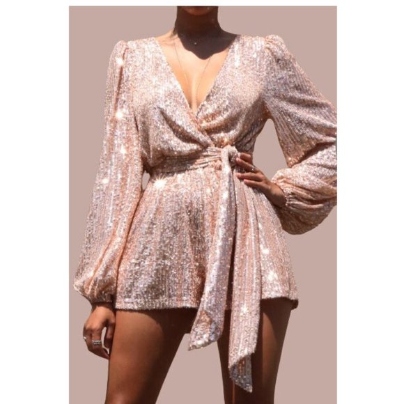 Champagne Sequin Romper Puff Balloon Sleeve Mini Dress Jumpsuit Club Party Glam - Picture 2 of 3